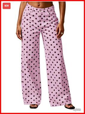 ebossy Women's Retro Polka Dots Wide Leg Boyfriend Barrel Jeans Ankle Length